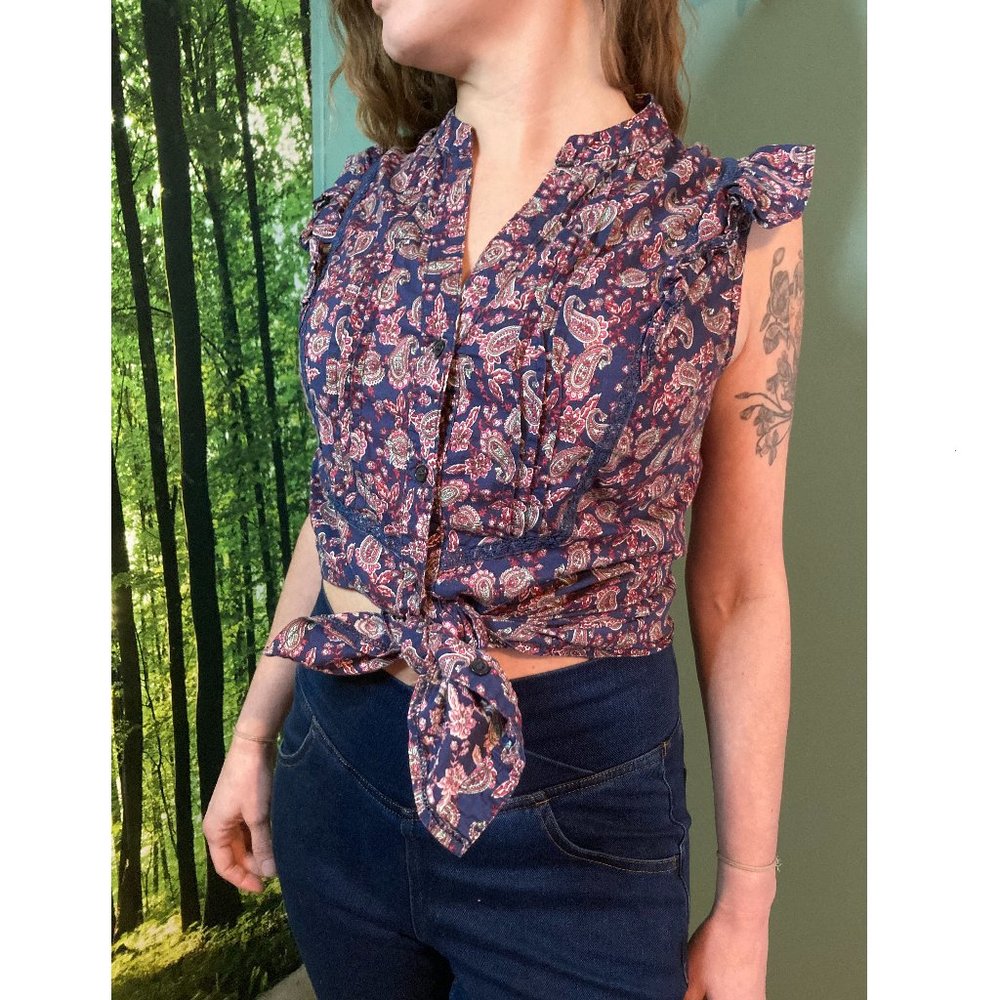 Ruffle Sleeve Navy and Maroon Paisley Button-Up